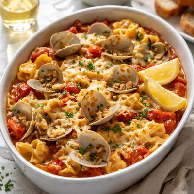 Image of Baked Tortellini with Red and White Clam Sauce