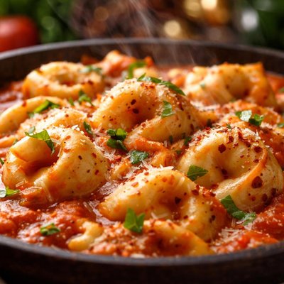 Image of Tortellini al horno con salsa de tomate y crema.