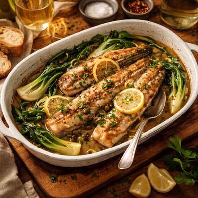 Image of Baked Whiting with Bok Choy and Vermouth