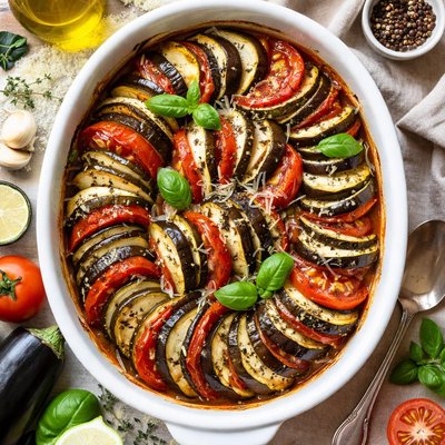 Image of Baked Zucchini Eggplant Aubergine and Tomatoes