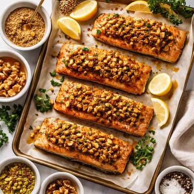 Image of Baklava Salmon Salmon with Honey Butter Walnuts and Mustard
