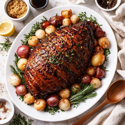 Image of Balsamic and Dijon Glazed Ham with Roasted Pearl Onions