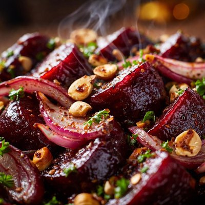 Image of Balsamic Baked Beets with Red Onions Hazelnuts