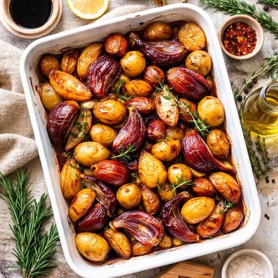 Image of Balsamic Baked Onions and Potatoes Jamie Oliver