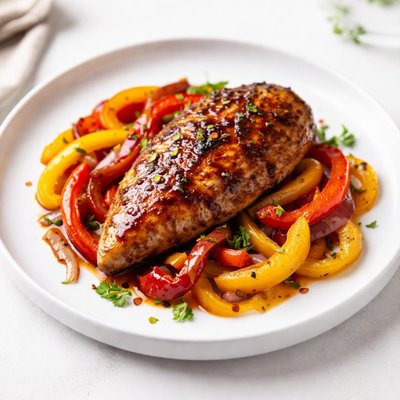 Image of Balsamic Chicken with Red Orange and Yellow Peppers