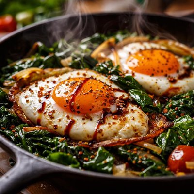 Image of Balsamic Fried Eggs with Wilted Greens in Under 10 Minutes