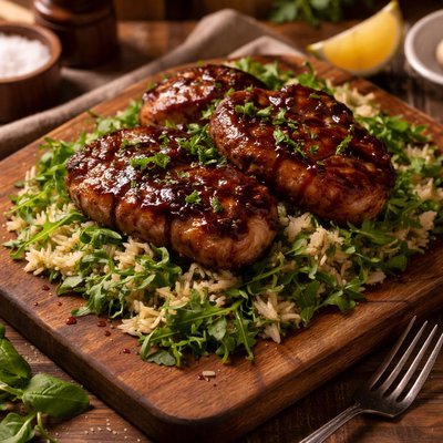 Image of Balsamic Glazed Pork Chops with Arugula Basil Pilaf