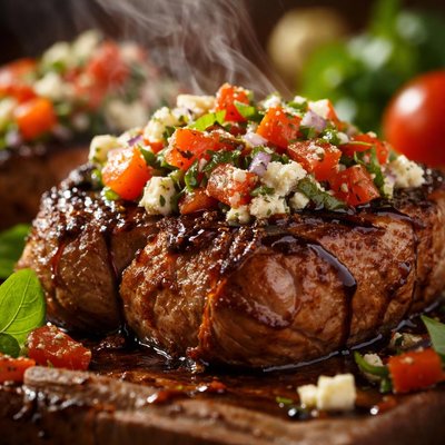 Image of Balsamic Marinated Steaks with Gorgonzola Tomato Topping