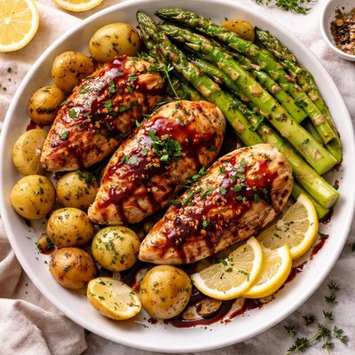 Image of Balsamic Poached Chicken with Asparagus and Potatoes