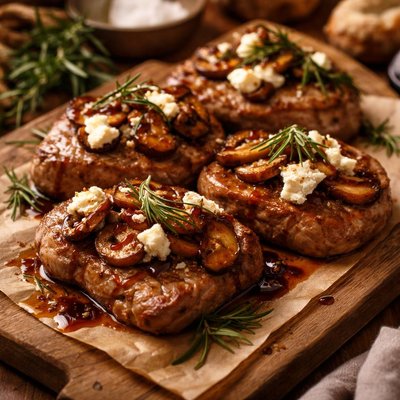 Image of Balsamic Rosemary Veal Medallions W Mushrooms and Goats Cheese
