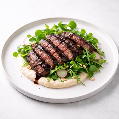 Image of Balsamic Skirt Steak Fresh Greens Pea White Bean Puree