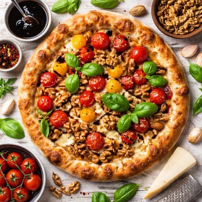 Image of Balsamic Tomato and Garlic Pizza with Walnuts