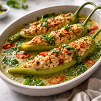 Image of Banana Chilli Stuffed with Crab and Chicken in Green Curry Sauce