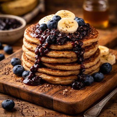 Image of Banana Flax Pancakes with Blueberry Sauce