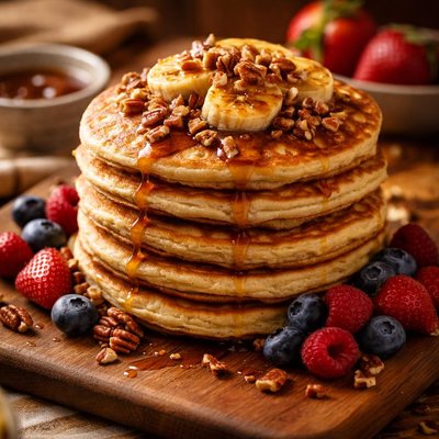 Image of Banana Pecan Pancakes Served with Berries