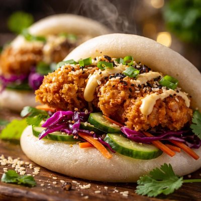 Image of Bao Buns with Fried Chicken and Vegetables