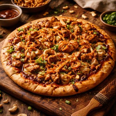 Image of Barbecue Cashew Chicken Pizza with French Fried Onions