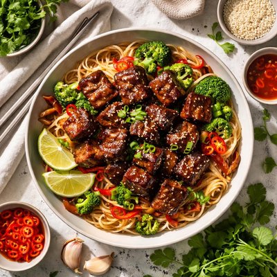 Image of Barbecued Beef Cubes Over Noodles