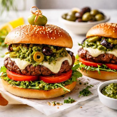 Image of Barbecued Olive and Pesto Burgers