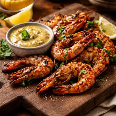 Image of Barbecued Prawns Shrimp with Mustard Dipping Sauce