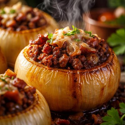 Image of Bbqed Beef and Bacon Stuffed Onions