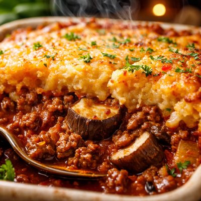 Image of Beef and Eggplant Bake with Polenta Crust