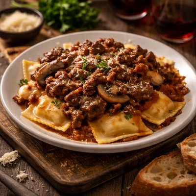 Image of Beef Mushroom Ragu Over Fresh Cheese Ravioli