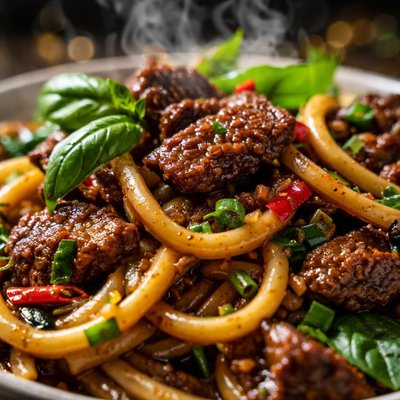 Image of Beef with Garlic Ginger Basil and Udon Noodles