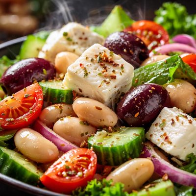 Image of Big Fat Greek Salad with White Beans Kalamata Olives and Feta