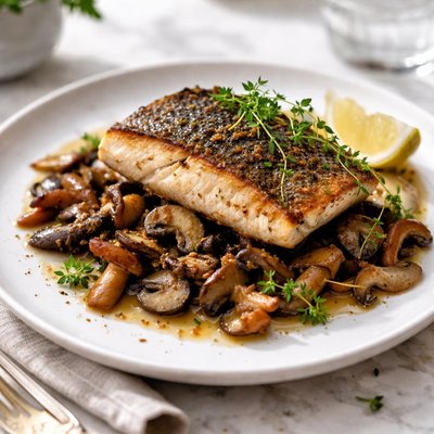 Image of Black Bass with Mushrooms
