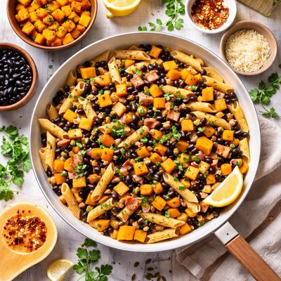 Image of Black Bean Butternut Squash and Ham Pasta Gluten Lactose Fre