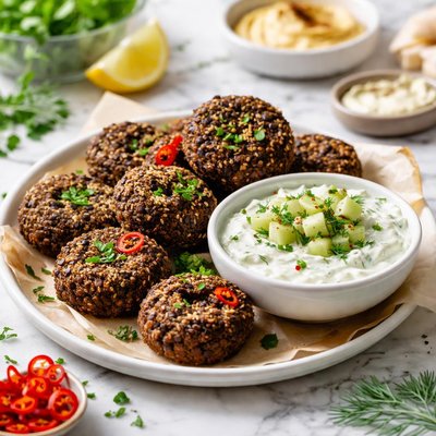 Image of Black Bean Falafel or Dip and Cucumber Sauce