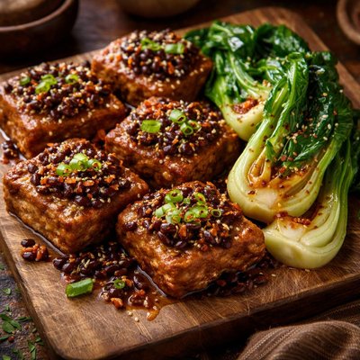 Image of Black Bean Marinated Tofu Cakes with Steamed Bok Choy