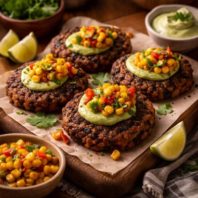 Image of Black Bean Patties with Corn Relish and Avocado Cream