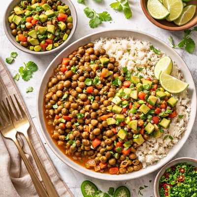 Image of Black Eyed Peas with Coconut Rice and Avocado Salsa