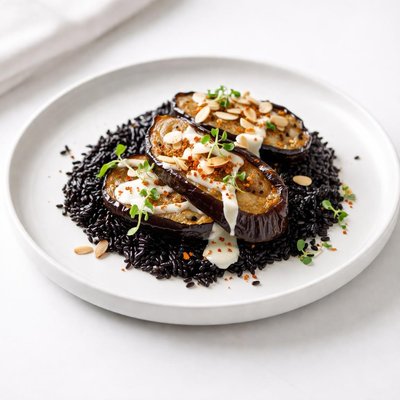 Image of Black Forbidden Rice Eggplant with Almond Cream Sauce