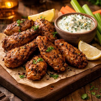 Image of Black Pepper Chicken Wings with Herbed Blue Dip