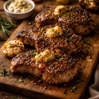 Image of Black Pepper Pork Chops with Molasses Butter