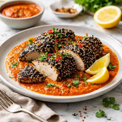 Image of Black Sesame Chicken with Roasted Red Pepper Sauce