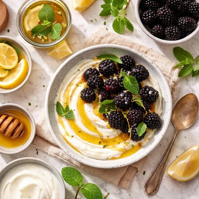 Image of Blackberries with Mint Tea Syrup and Yogurt