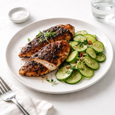 Image of Blackened Chicken Breasts with Marinated Cucumber Low Carb