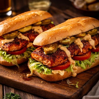 Image of Blackened Salmon Poor Boy Sandwiches