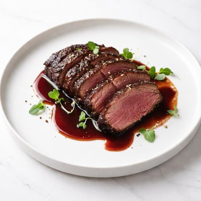 Image of Blackened Venison Steak with Wine and Cane Syrup Sauce
