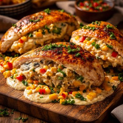 Image of Blue Cheese Stuffed Chicken with Cajun Ranch Corn Sauce Rsc