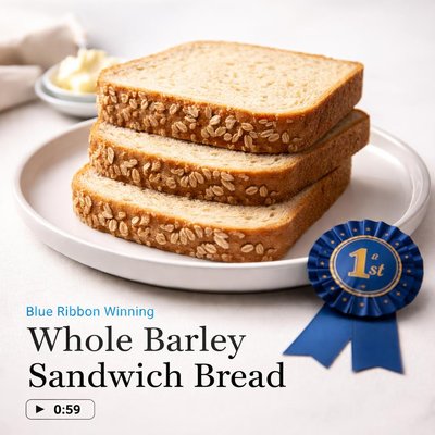 Image of Blue Ribbon Winning Whole Barley Sandwich Bread with Video