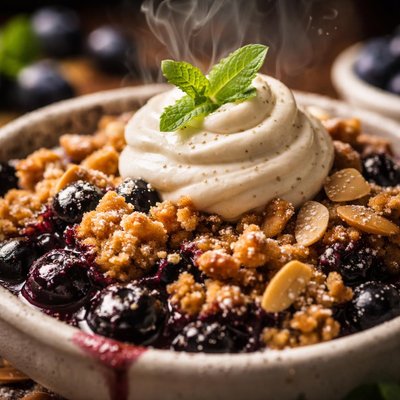 Image of Blueberry Amaretti Crisp with Fresh Vanilla Mascarpone Cream