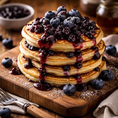 Image of Blueberry Sour Cream Pancakes with Blueberry Sauce