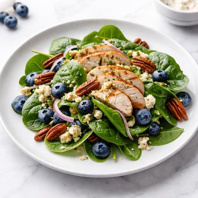 Image of Blueberry Spinach Salad with Chicken Pecans and Bleu Cheese