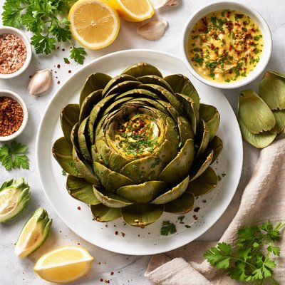 Image of Boiled Artichoke with a Garlic Butter Dipping Sauce