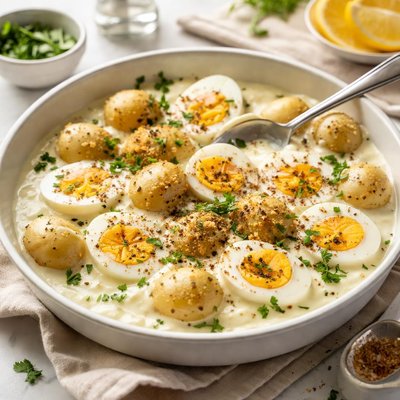 Image of Boiled Eggs and Potatoes in Bechamel Sauce